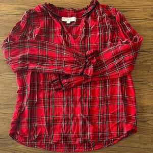 LOFT Red Plaid Button-Front Long Sleeve Shirt